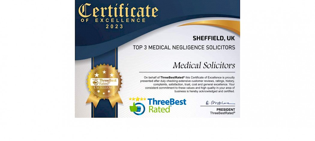 Medical Solicitors Sheffield Certificate of Excellence